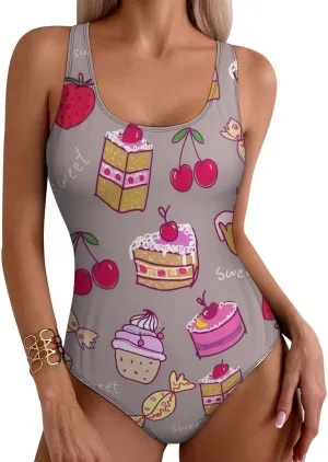 Sweets Cake Women's One Piece Swimsuits Criss Cross Back Scoop Neck Classic Tummy Control Swimsuit