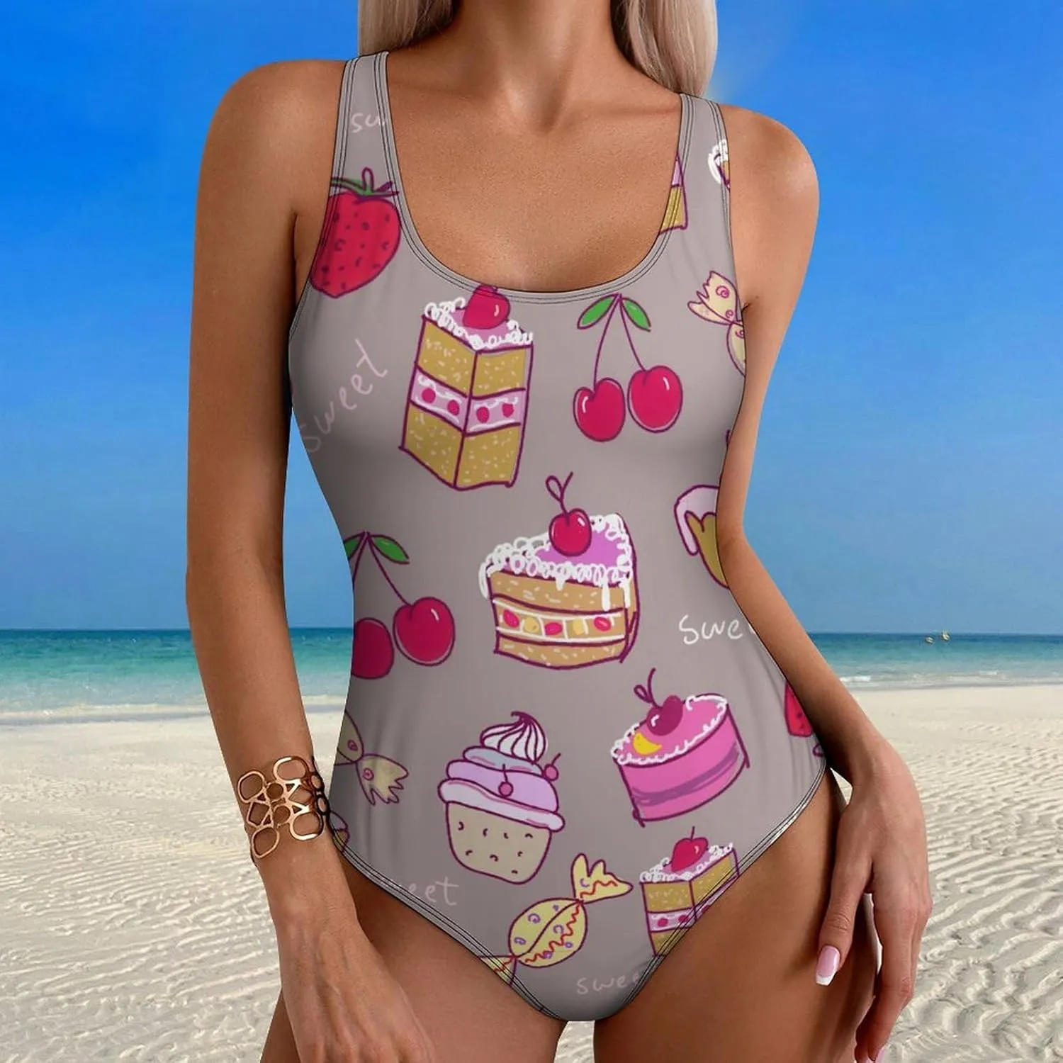 Sweets Cake Women's One Piece Swimsuits Criss Cross Back Scoop Neck Classic Tummy Control Swimsuit