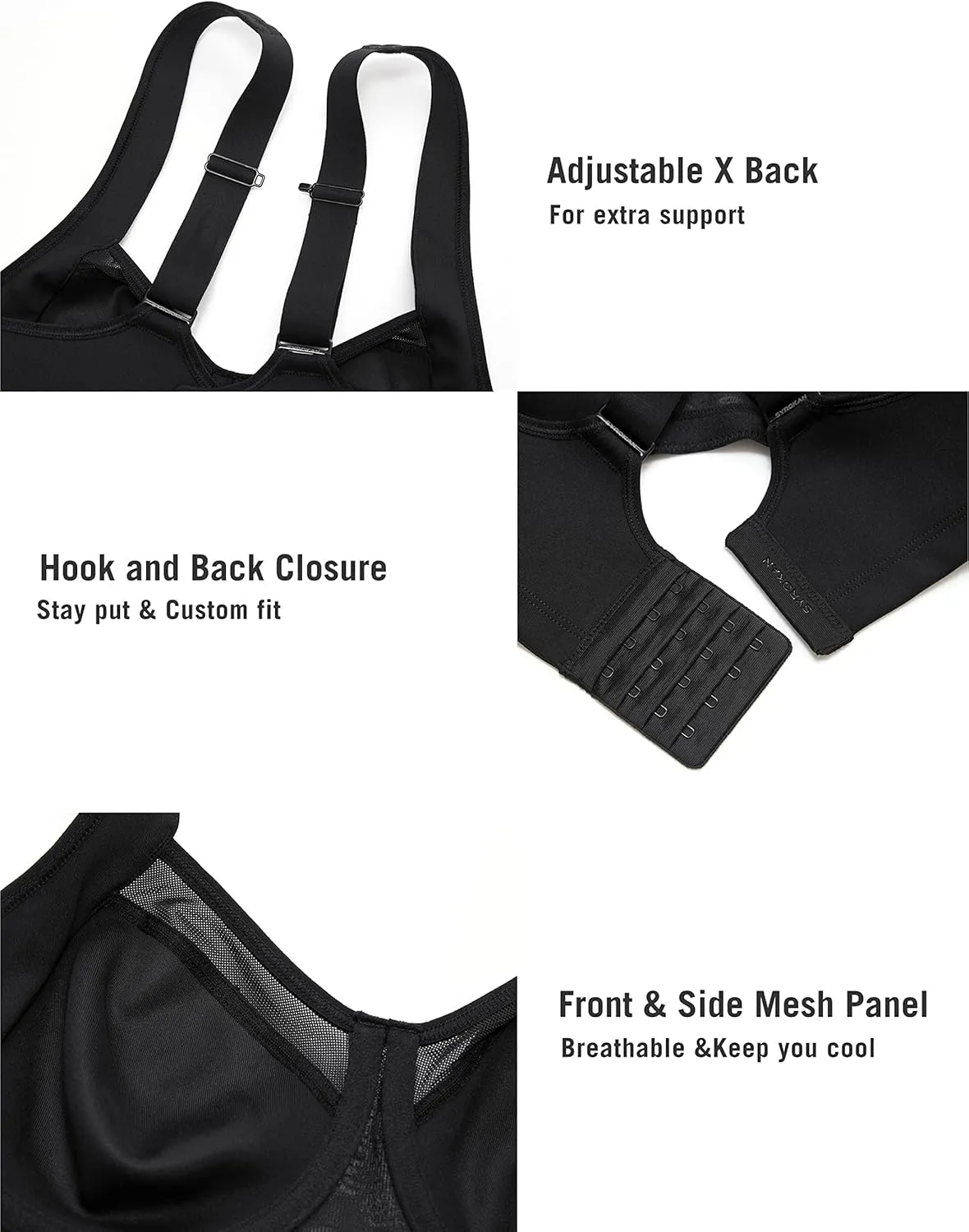 SYROKAN High Impact Sports Bras for Women High Support No Uniboob Underwire Adjustable Cross Back Bra