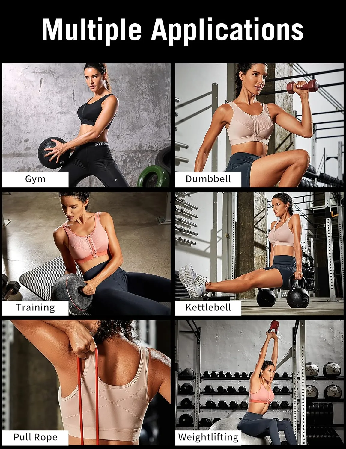 SYROKAN Women's High Impact Wireless Cross Back Support Front Zip Sports Bra