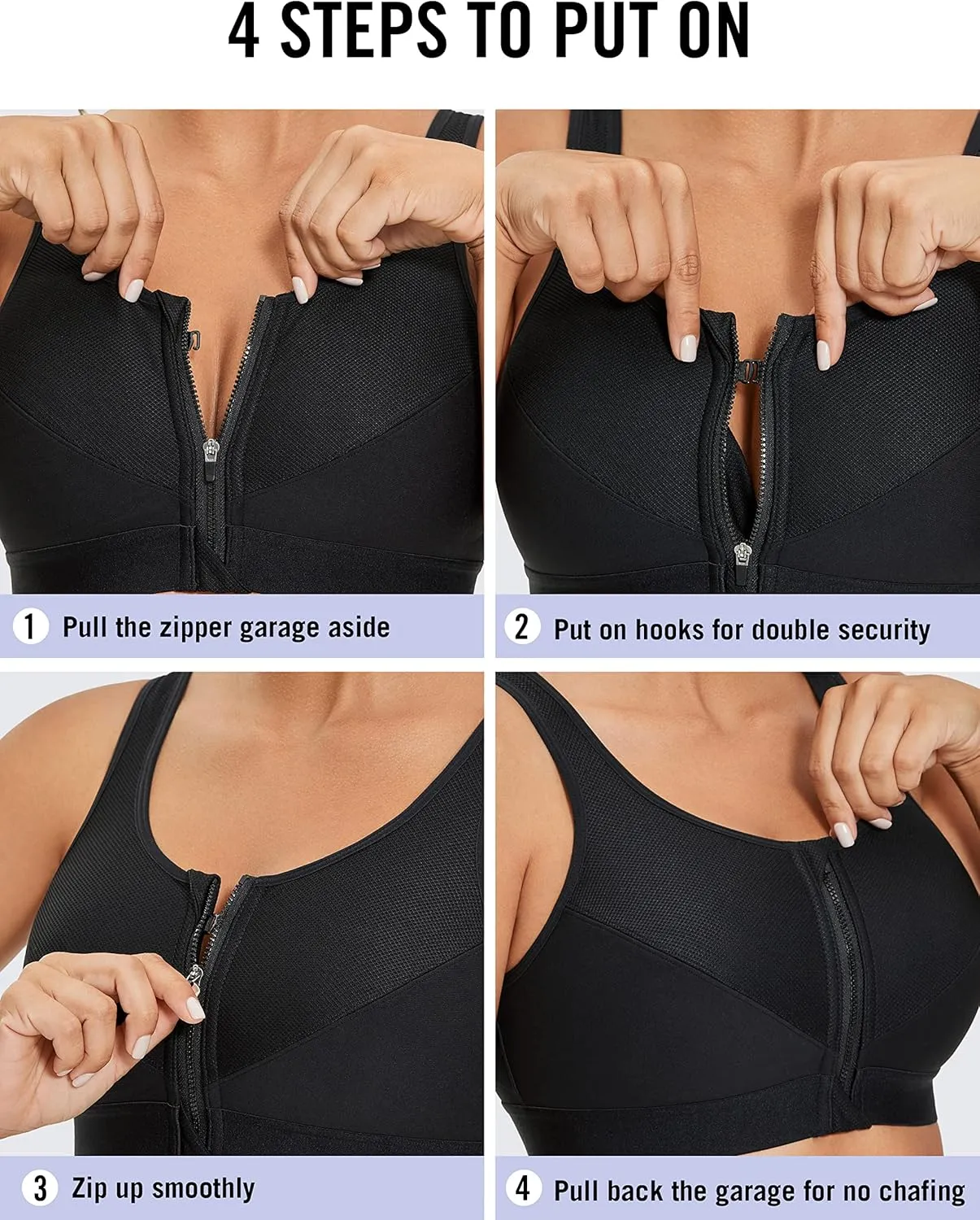 SYROKAN Women's High Impact Wireless Cross Back Support Front Zip Sports Bra