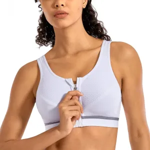 SYROKAN Women's High Impact Wireless Cross Back Support Front Zip Sports Bra
