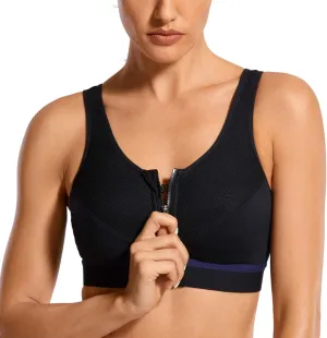 SYROKAN Women's High Impact Wireless Cross Back Support Front Zip Sports Bra
