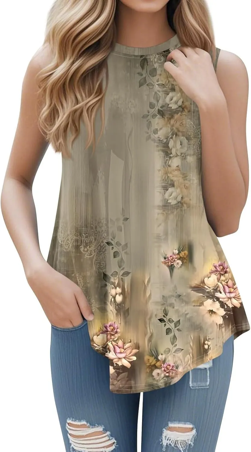 Tank Tops for Women Summer Sleeveless Blouses Dressy Casual Crewneck Loose Fit Flowy Tunic High Waisted Graphic Tees