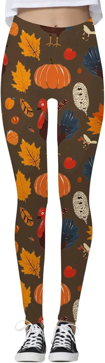 Thanksgiving Day Leggings for Women Tummy Control Butt Lifting Pumpkin Print High Waist Workout Compression Leggings