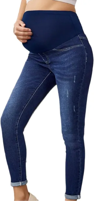 Tooluck Women's Distressed Maternity Jeans, Dark Blue, Stretchy Denim
