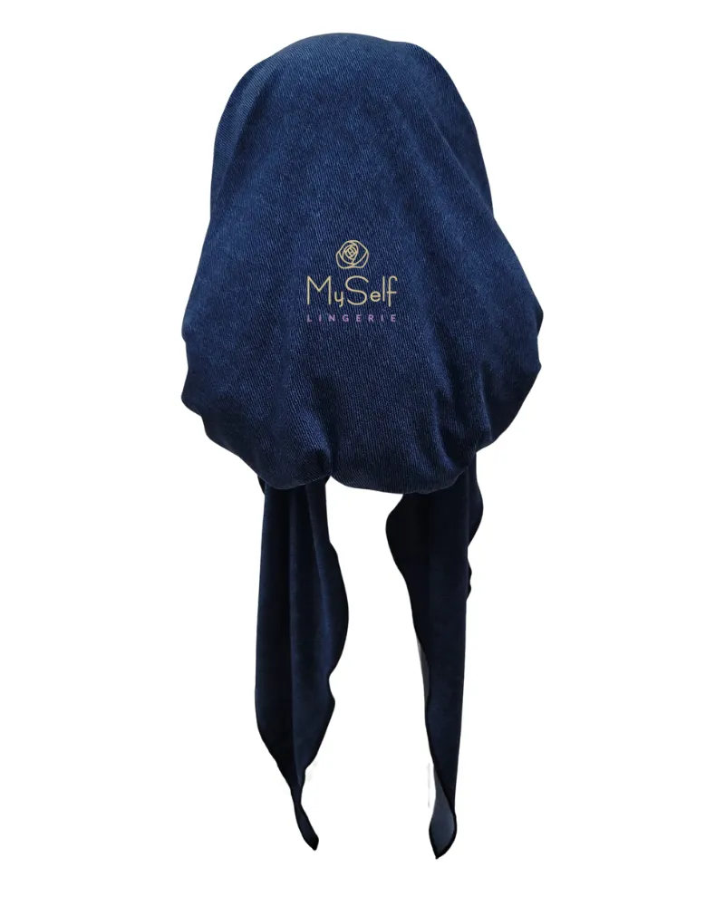 Triple Up Blue Denim Unlined Pre-Tied Bandanna with Black Stitching