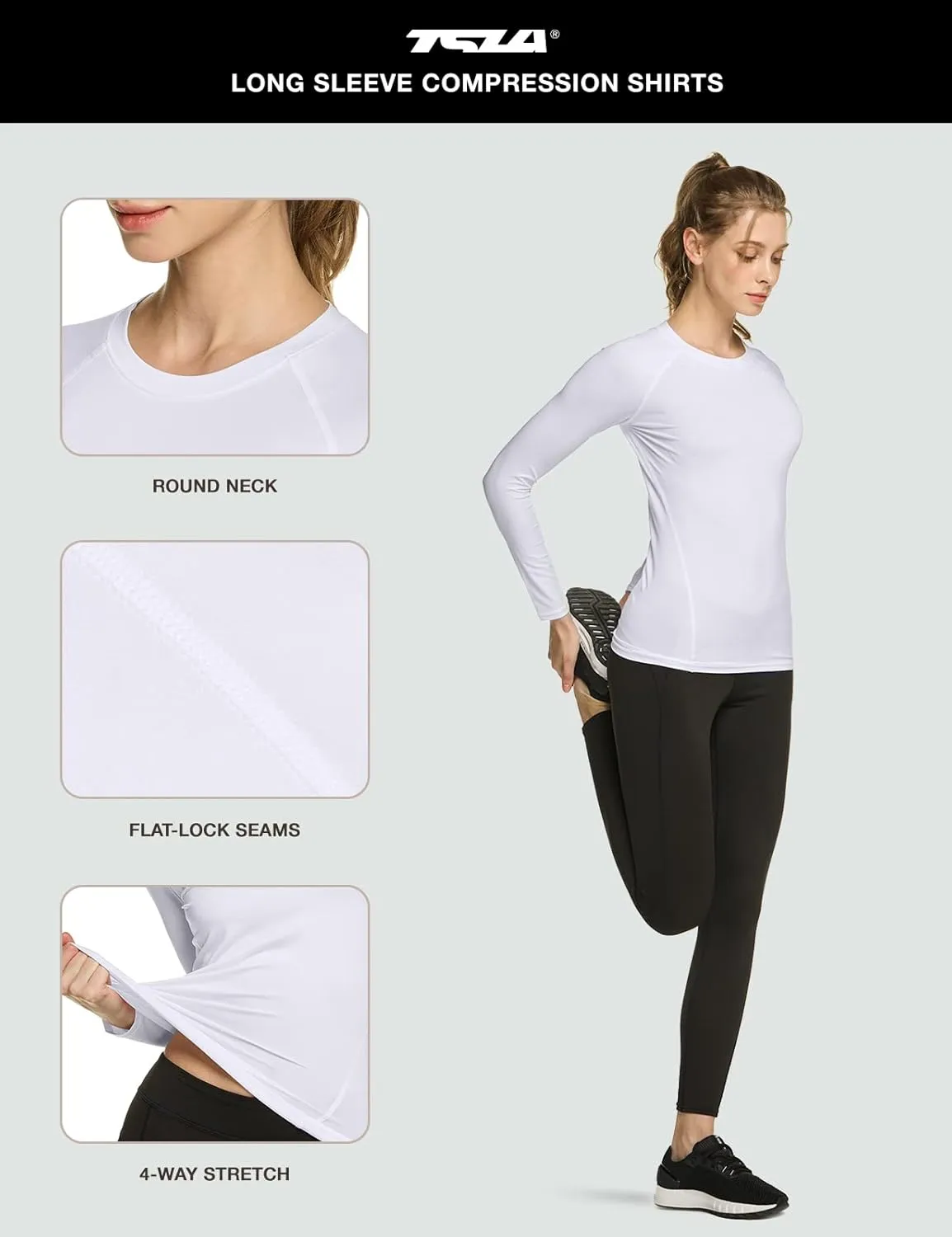 TSLA Women's Sports Compression Shirt, Cool Dry Fit Long Sleeve Workout Tops, Athletic Exercise Gym Yoga Shirts