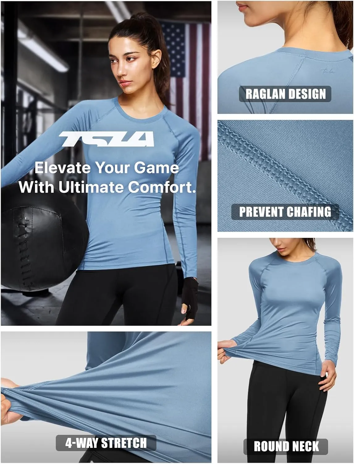 TSLA Women's Sports Compression Shirt, Cool Dry Fit Long Sleeve Workout Tops, Athletic Exercise Gym Yoga Shirts