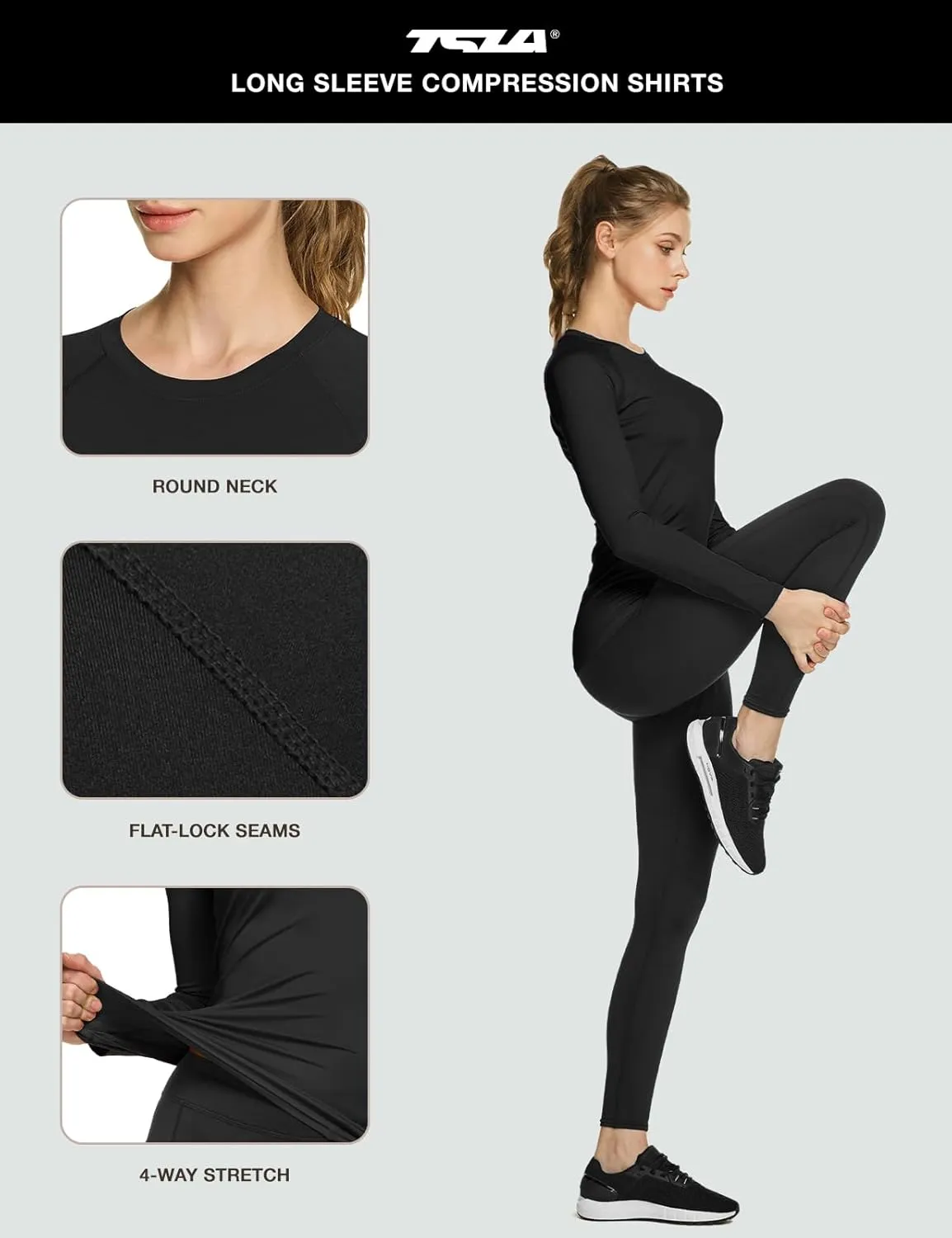 TSLA Women's Sports Compression Shirt, Cool Dry Fit Long Sleeve Workout Tops, Athletic Exercise Gym Yoga Shirts