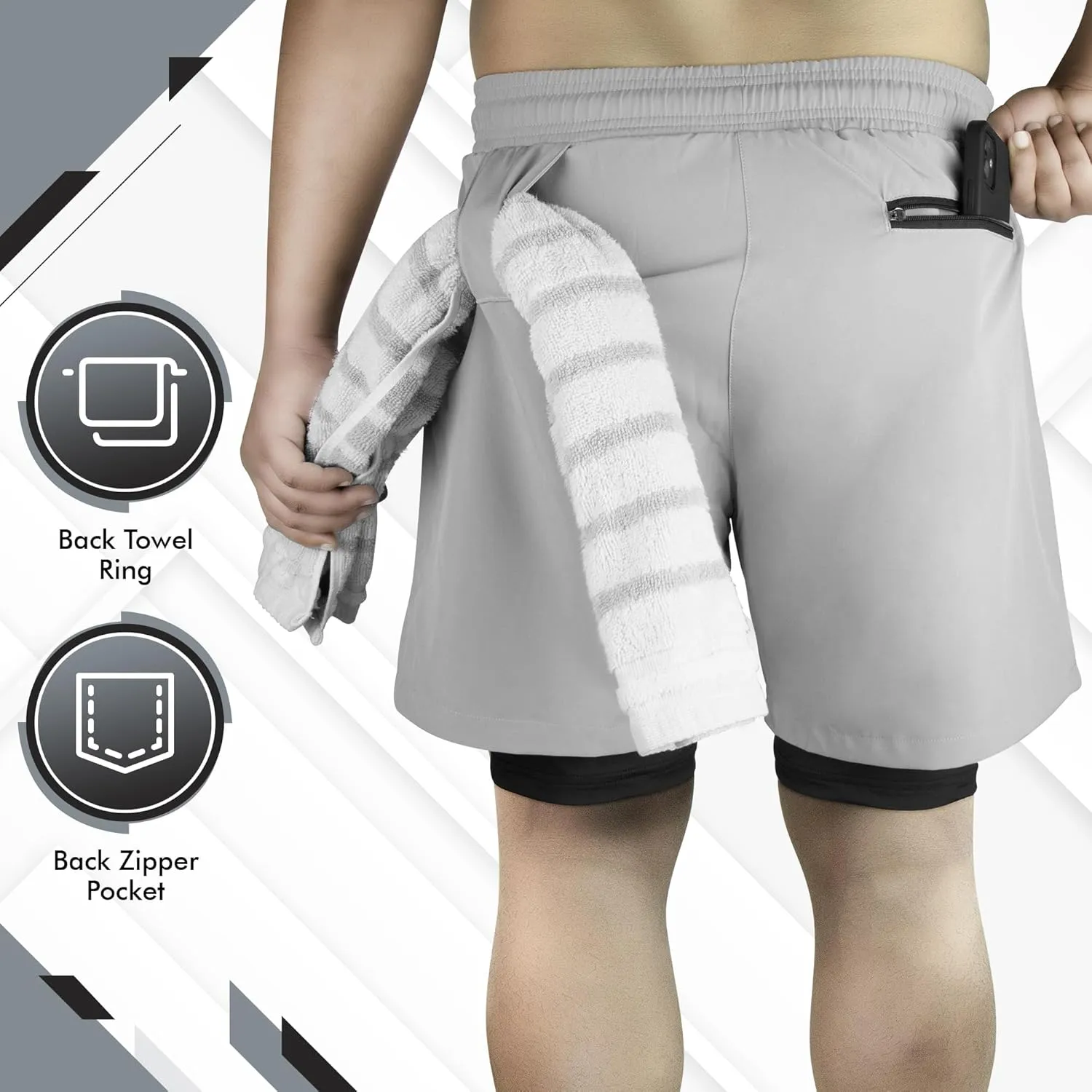 UGW Men’s 2-in-1 Quick Dry Athletic Running Shorts, Workout Shorts with Zip Pockets & Towel Loop, Gym Shorts 5" & 7" Inseam