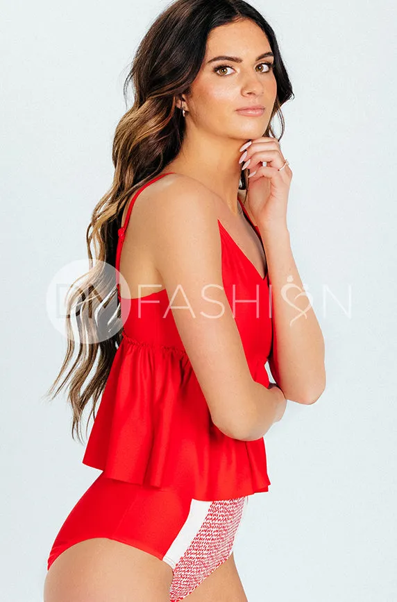 V Peplum Tankini Top - Cherry Red