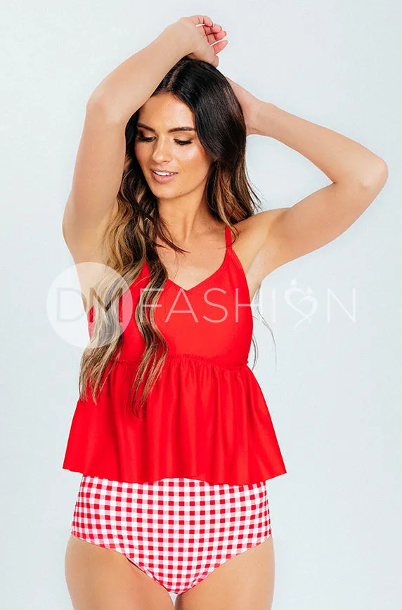 V Peplum Tankini Top - Cherry Red