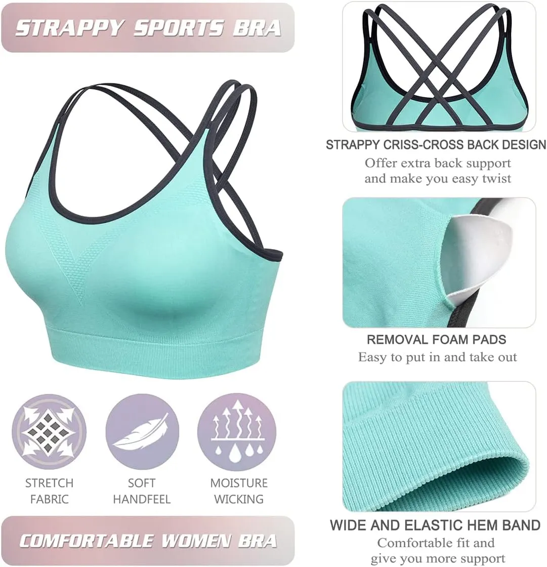 VEQKING Strappy Womens Sports Bra Cross Back for Running Removable Padded Workout Yoga Bras Pack Gifts