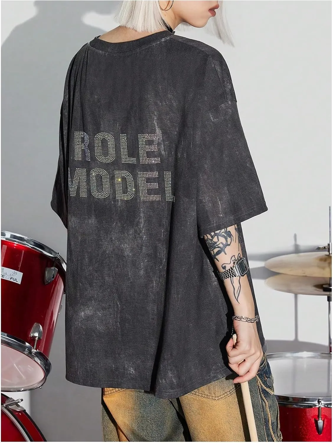 Verdusa Women's Oversized Tee Sparkling Rhinestone Letter Print Half Sleeve Oversized Tee Shirts