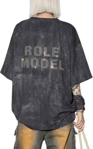 Verdusa Women's Oversized Tee Sparkling Rhinestone Letter Print Half Sleeve Oversized Tee Shirts