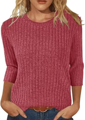 Winter 3/4 Length Sleeve T Shirts Loose Fit Ribbed Knit Cozy Sweaters Plus Size Sweatshirts