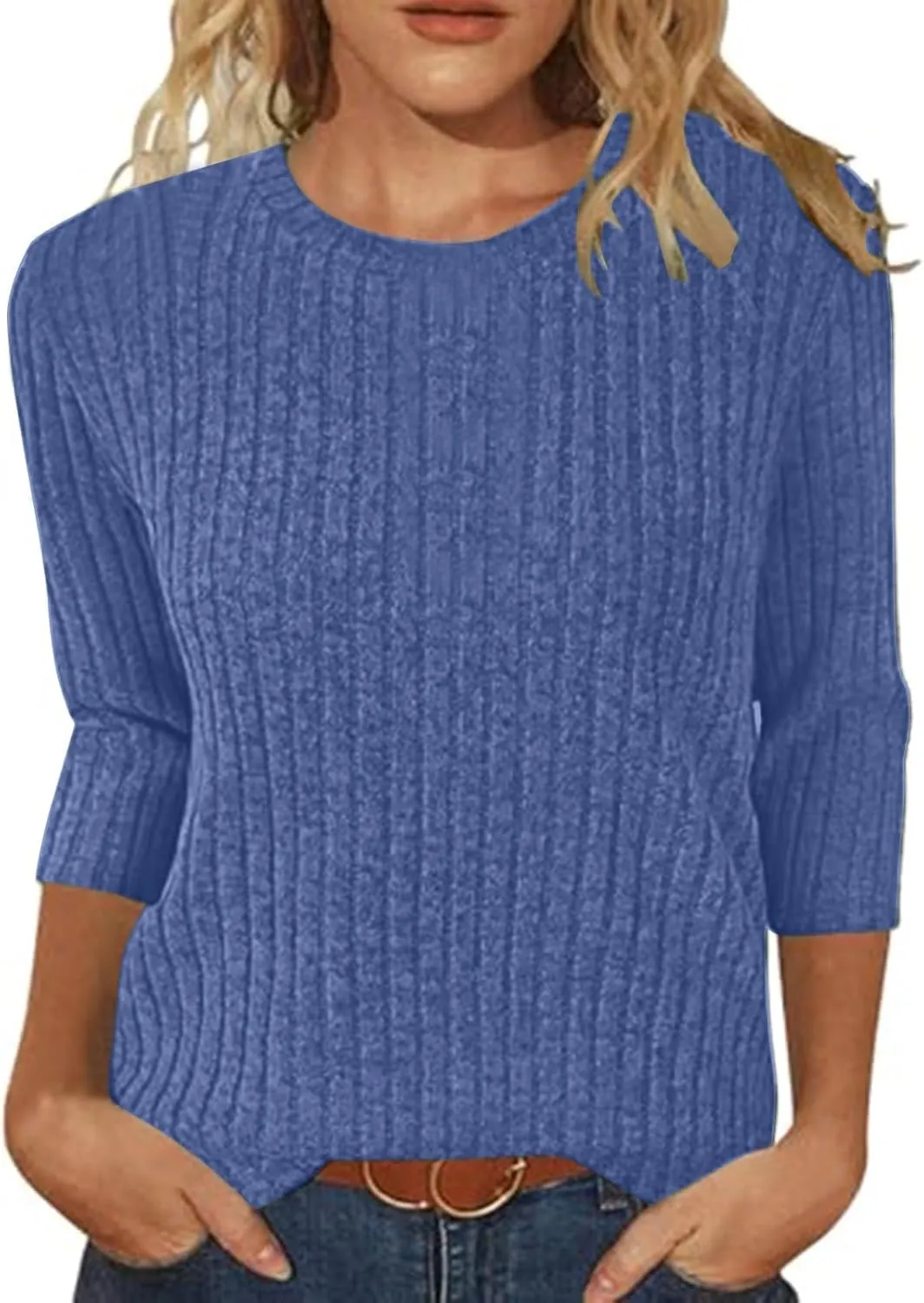 Winter 3/4 Length Sleeve T Shirts Loose Fit Ribbed Knit Cozy Sweaters Plus Size Sweatshirts