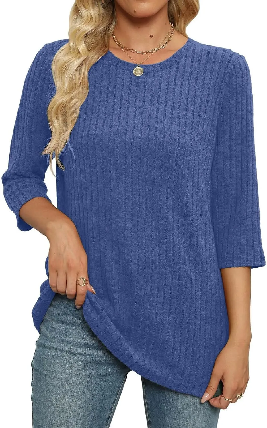 Winter 3/4 Length Sleeve T Shirts Loose Fit Ribbed Knit Cozy Sweaters Plus Size Sweatshirts
