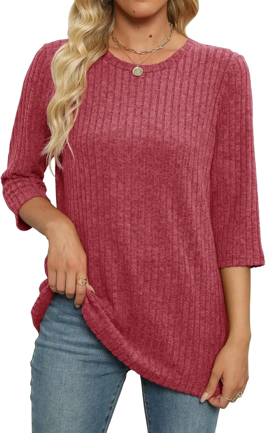 Winter 3/4 Length Sleeve T Shirts Loose Fit Ribbed Knit Cozy Sweaters Plus Size Sweatshirts