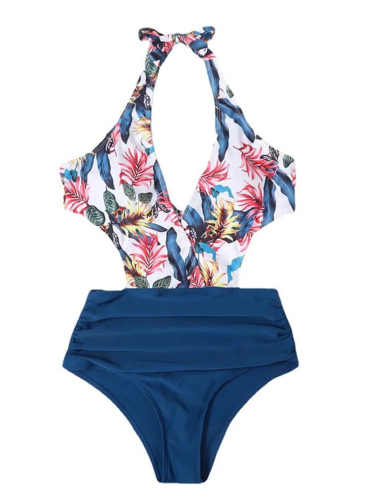 Women Floral Print Patchwork V-Neck Low-Cut Halter One-Piece Holiday Beach Swimwear