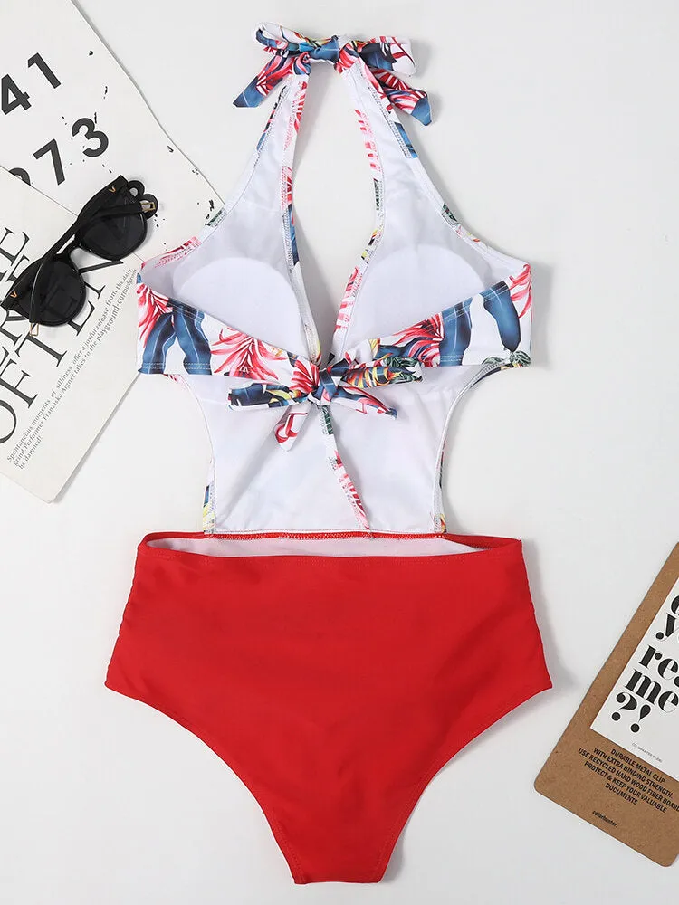 Women Floral Print Patchwork V-Neck Low-Cut Halter One-Piece Holiday Beach Swimwear