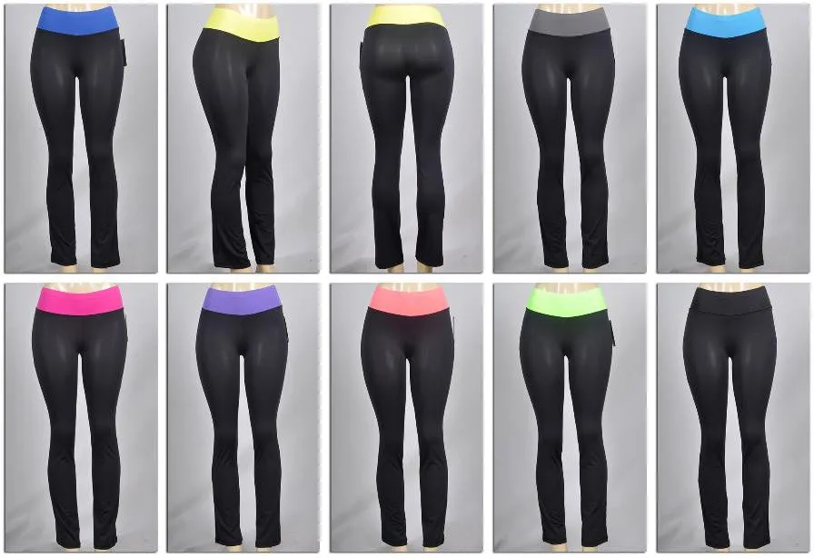 women's boot cut athletic yoga pants - black w/ colored waist bands Case of 72