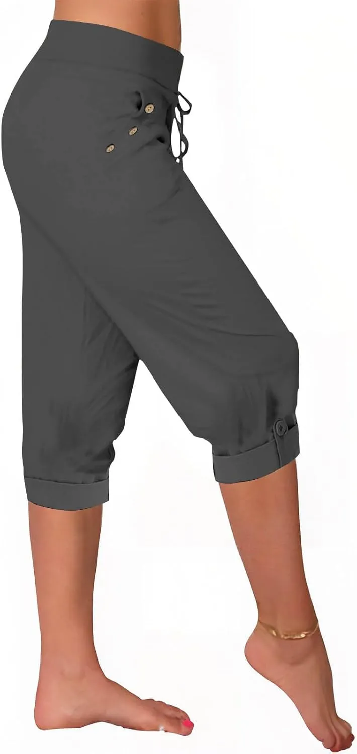 Women's Capris Lightweight Sweatpants Joggers High Waisted Athletic Lounge Pants Ladies Drawstring Crop Trousers