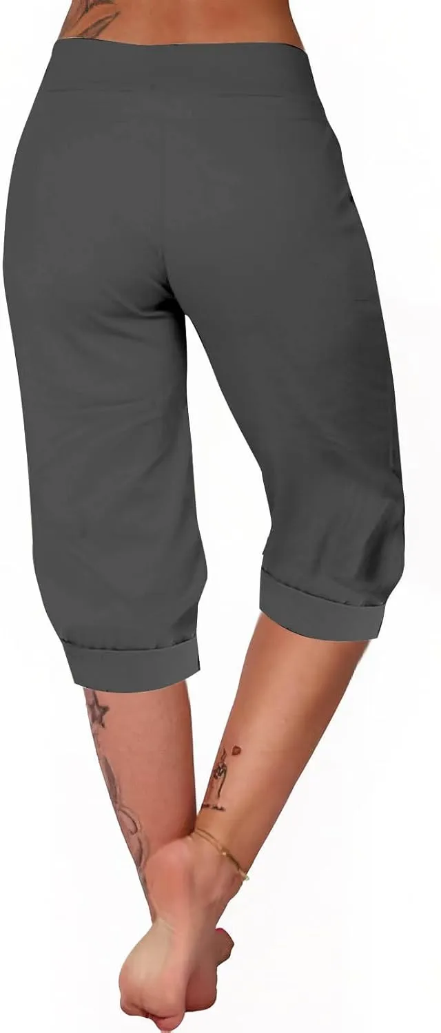 Women's Capris Lightweight Sweatpants Joggers High Waisted Athletic Lounge Pants Ladies Drawstring Crop Trousers