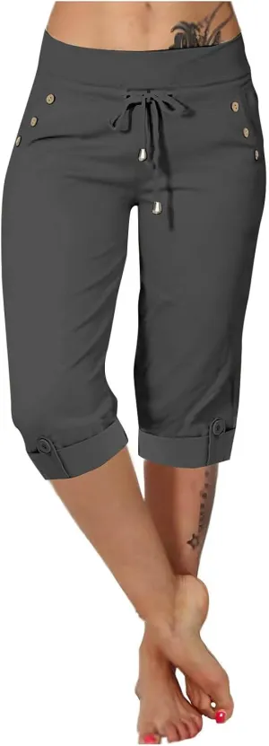 Women's Capris Lightweight Sweatpants Joggers High Waisted Athletic Lounge Pants Ladies Drawstring Crop Trousers