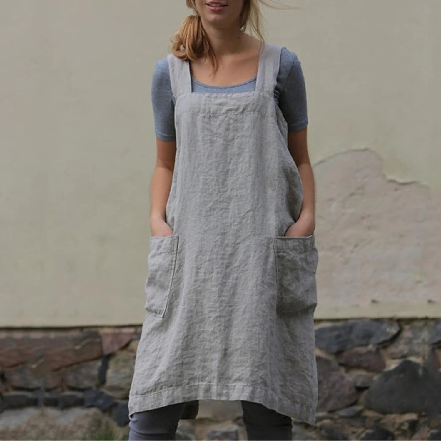 Women's Cross Back Straps Solid Corduroy Pinafore Overall Dress with Pockets Works Kitchen Restaurant Gardening Dress