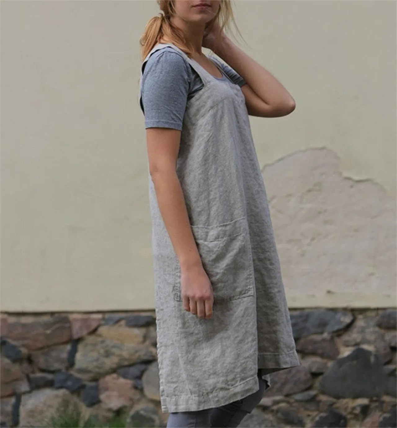 Women's Cross Back Straps Solid Corduroy Pinafore Overall Dress with Pockets Works Kitchen Restaurant Gardening Dress