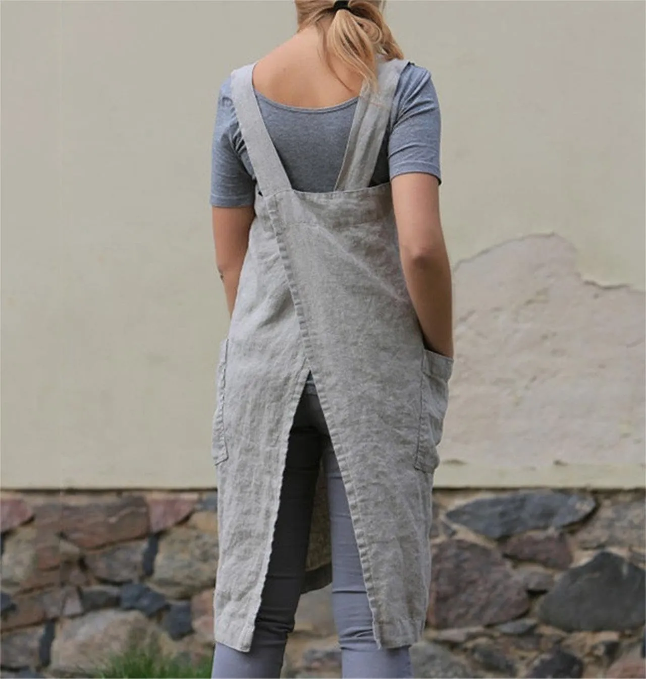 Women's Cross Back Straps Solid Corduroy Pinafore Overall Dress with Pockets Works Kitchen Restaurant Gardening Dress