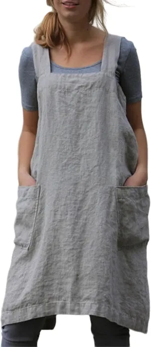 Women's Cross Back Straps Solid Corduroy Pinafore Overall Dress with Pockets Works Kitchen Restaurant Gardening Dress
