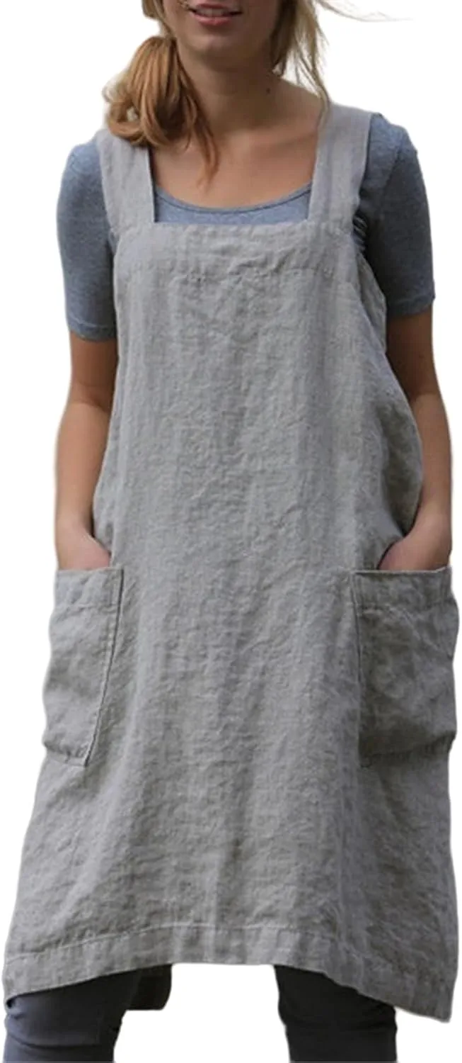Women's Cross Back Straps Solid Corduroy Pinafore Overall Dress with Pockets Works Kitchen Restaurant Gardening Dress