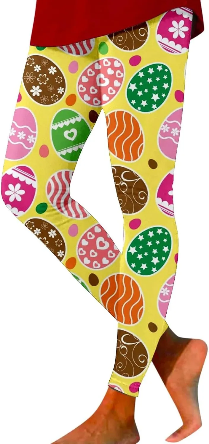 Women's Easter Day Leggings Bunny Egg Print High Waist Butt Lift Breathable Tights Workout Running Sports Yoga Pants