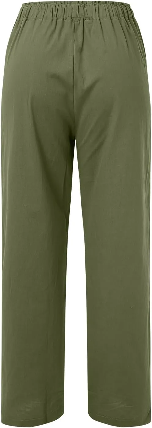 Women's Fashion Summer 2024 Linen Pants Summer Casual Wide Leg Loose Drawstring Trousers with Pockets Trendy