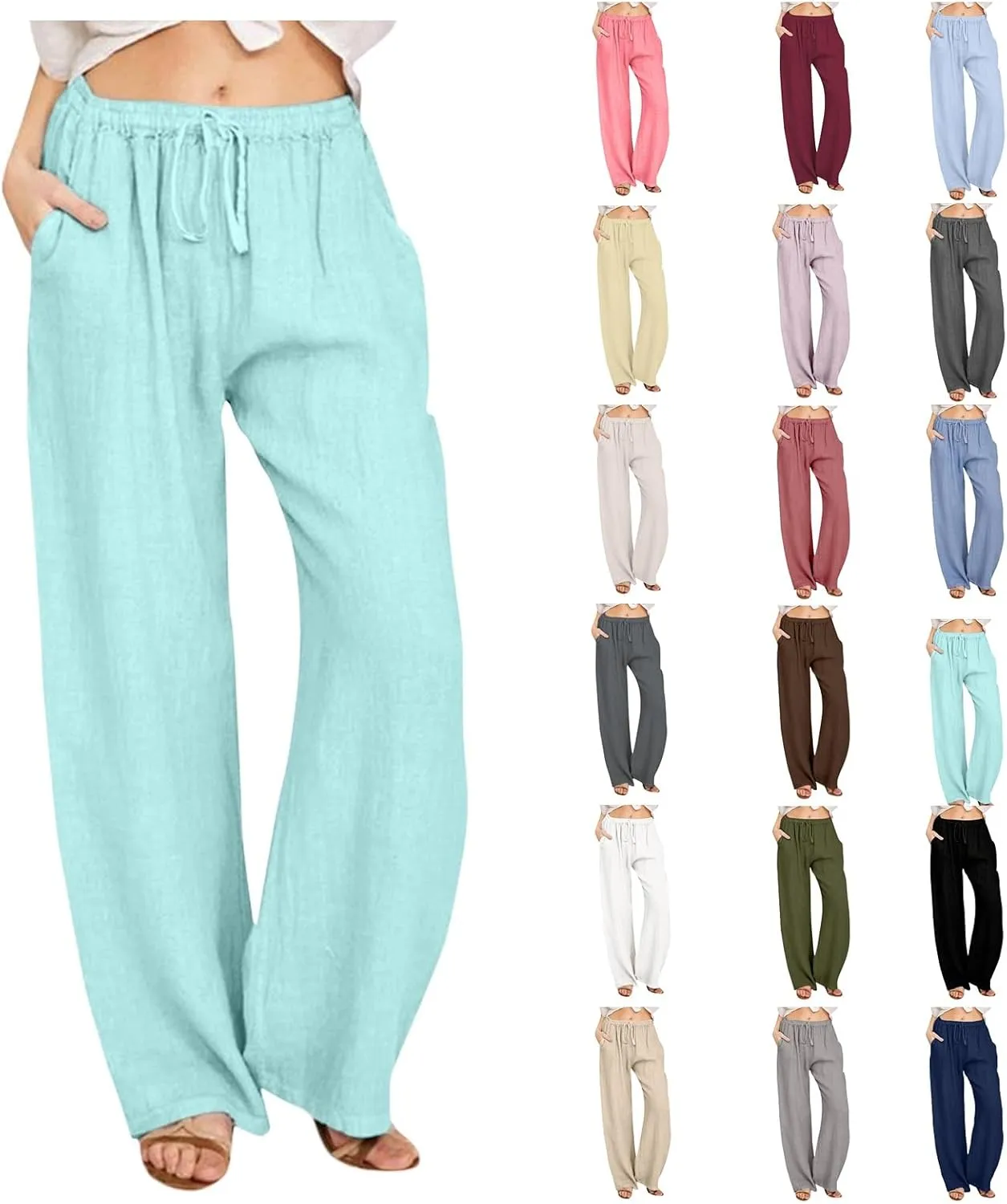 Women's Fashion Summer 2024 Linen Pants Summer Casual Wide Leg Loose Drawstring Trousers with Pockets Trendy