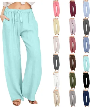 Women's Fashion Summer 2024 Linen Pants Summer Casual Wide Leg Loose Drawstring Trousers with Pockets Trendy