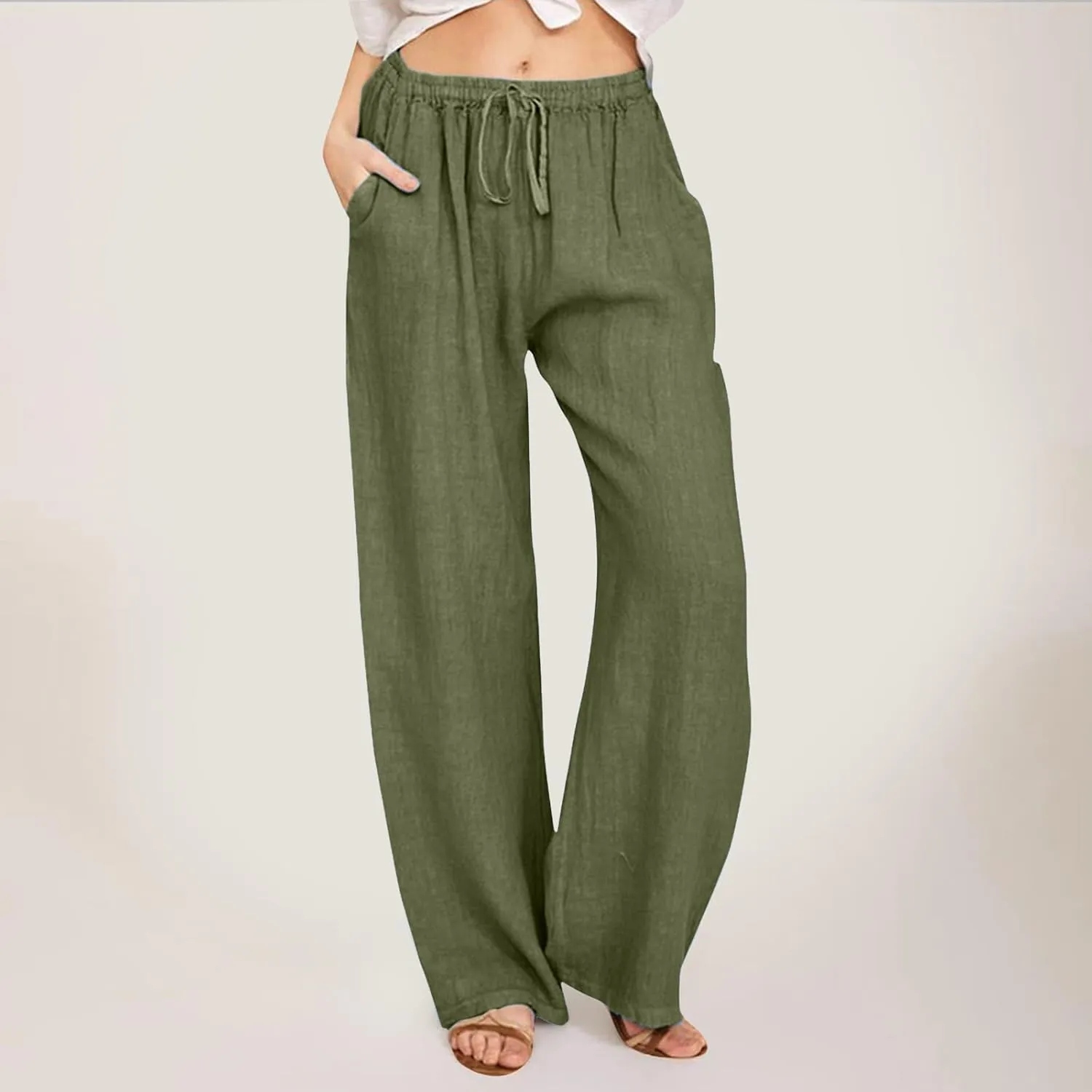 Women's Fashion Summer 2024 Linen Pants Summer Casual Wide Leg Loose Drawstring Trousers with Pockets Trendy