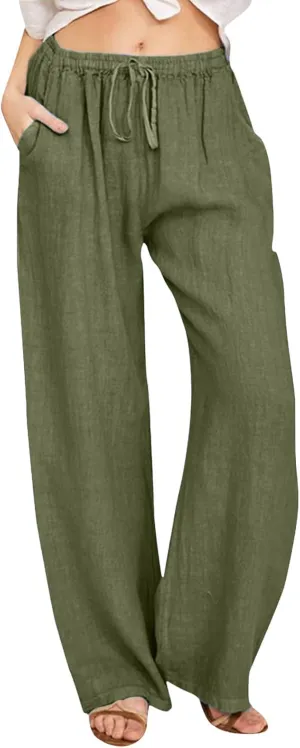 Women's Fashion Summer 2024 Linen Pants Summer Casual Wide Leg Loose Drawstring Trousers with Pockets Trendy