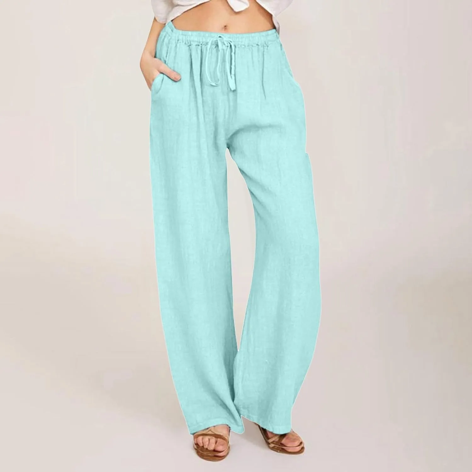 Women's Fashion Summer 2024 Linen Pants Summer Casual Wide Leg Loose Drawstring Trousers with Pockets Trendy