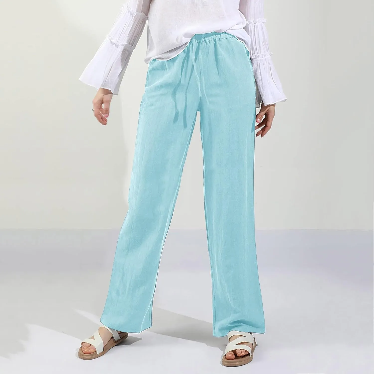 Women's Fashion Summer 2024 Linen Pants Summer Casual Wide Leg Loose Drawstring Trousers with Pockets Trendy