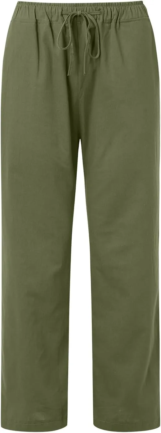 Women's Fashion Summer 2024 Linen Pants Summer Casual Wide Leg Loose Drawstring Trousers with Pockets Trendy