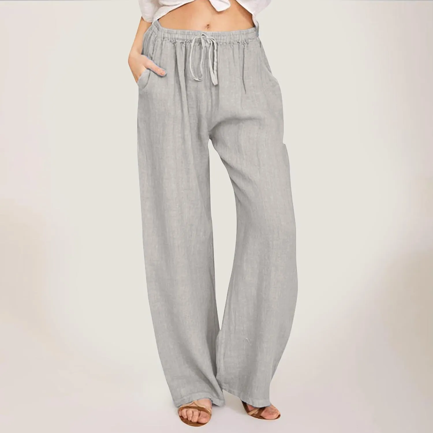 Women's Fashion Summer 2024 Linen Pants Summer Casual Wide Leg Loose Drawstring Trousers with Pockets Trendy