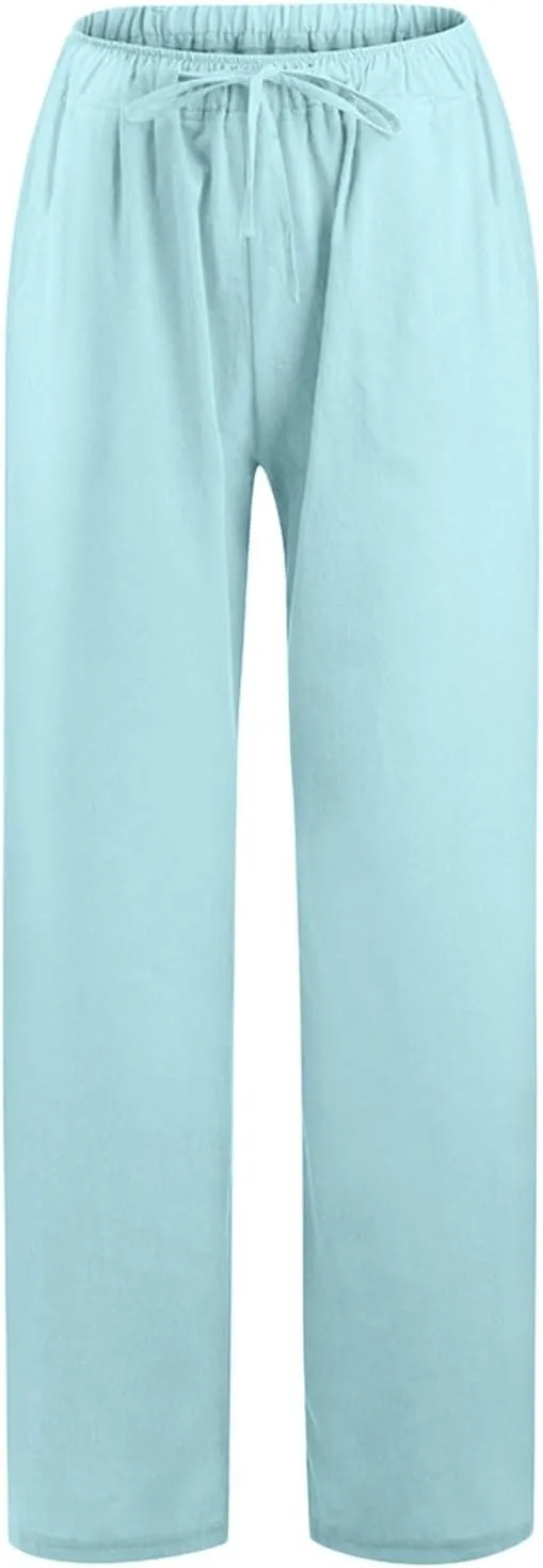 Women's Fashion Summer 2024 Linen Pants Summer Casual Wide Leg Loose Drawstring Trousers with Pockets Trendy