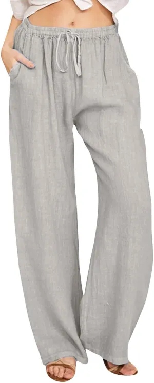 Women's Fashion Summer 2024 Linen Pants Summer Casual Wide Leg Loose Drawstring Trousers with Pockets Trendy