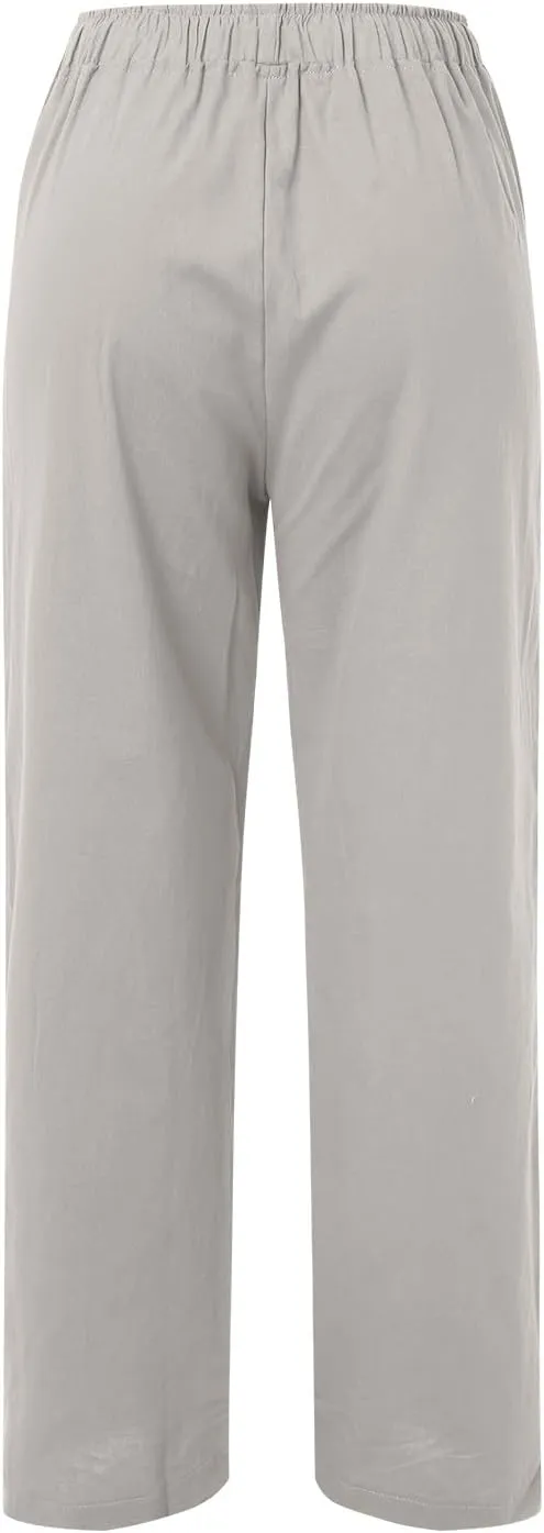 Women's Fashion Summer 2024 Linen Pants Summer Casual Wide Leg Loose Drawstring Trousers with Pockets Trendy
