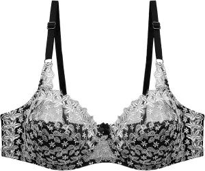 Womens Floral Embroidery Lace Bra Adjustable Straps Ultra-Thin Plus Size Elegant Lingerie Underwire Sexy Push Up Bras