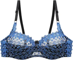 Womens Floral Embroidery Lace Bra Adjustable Straps Ultra-Thin Plus Size Elegant Lingerie Underwire Sexy Push Up Bras